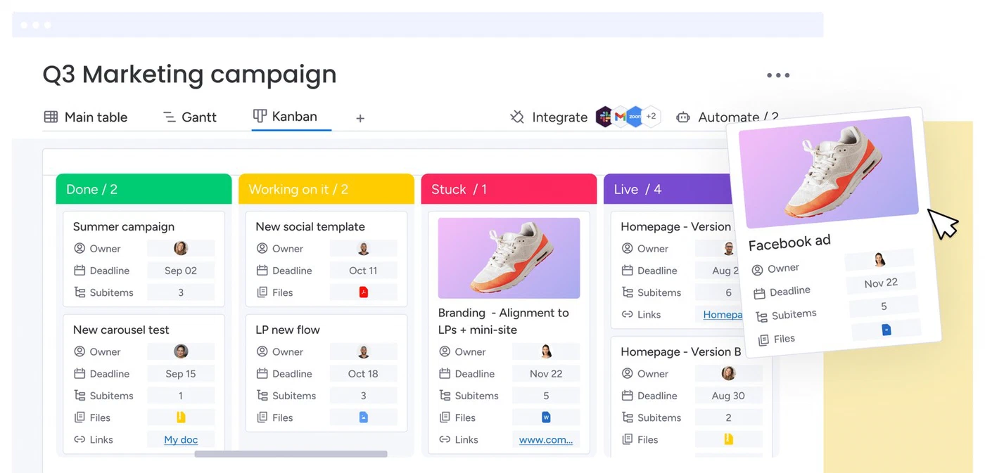 A monday.com board with status, owner and timeline columns