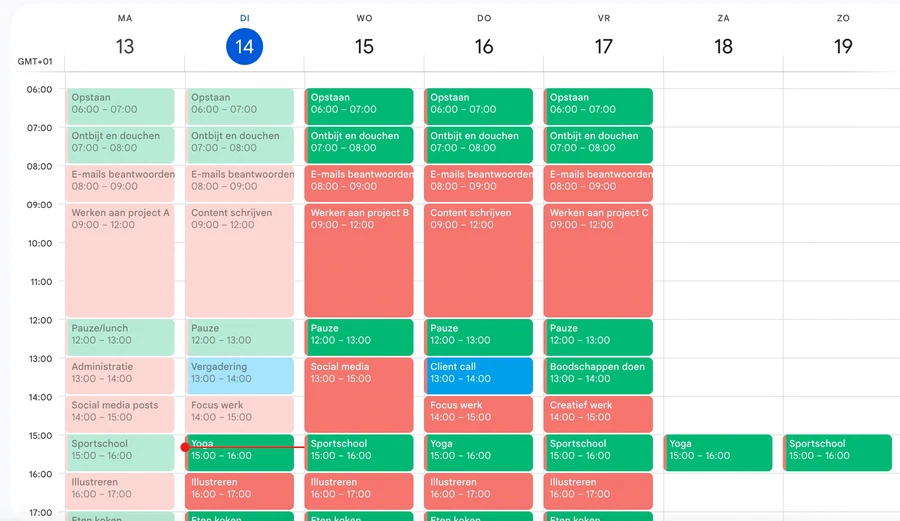 Voorbeeld van een time blocking schema